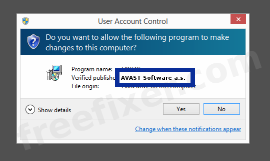 Screenshot where AVAST Software a.s. appears as the verified publisher in the UAC dialog